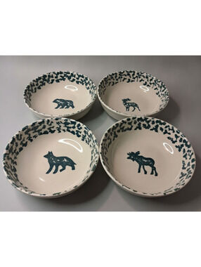 Vtg Set of 4 Tienshan Folk Craft North Country Green Sponge Paint Bowls 6.5"